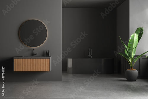 Fototapeta Naklejka Na Ścianę i Meble -  Dark bathroom interior with concrete floor, black bathtub,  and oval mirror standing on black wall. Minimalist black bathroom with modern furniture. 3D Rendering

