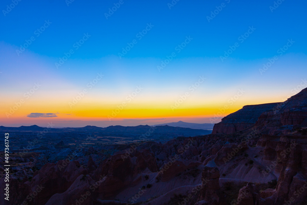 Cappadocia at dusk. Beautiful sunset view in Cappadocia