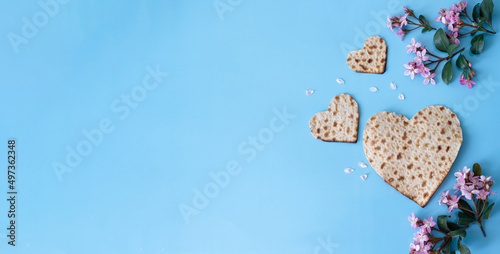 Banner. Layout of Traditional Matzah prepared for Passover with Matzah shape of hearts and pink flowers on blue background. top view. Spring Holiday of Jewish people. Fasting time
