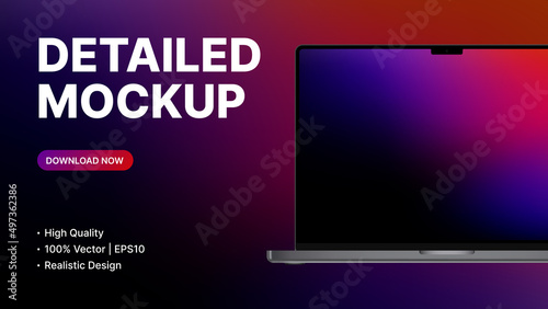 Detailed Laptop Mockup. Realistic Device Front View with blank Screen. Promo Presentation for New Technology, App, Ui. Vector illustration