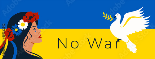 Face of an Ukrainian woman with a pigeon in a modern flat art minimalist style. Symbol of peace. Vector illustration. Stop the War in Ukraine. Ukrainian flag blue and yellow colors.
