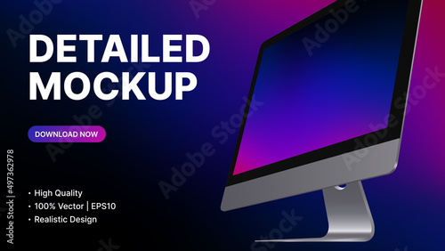 Detailed Computer Mockup. Realistic Device diagonal side View with blank Screen. Promo Presentation for New Technology, App, Ui. Vector illustration