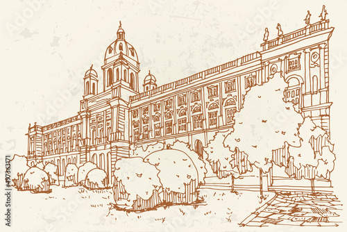 Vector sketch of Natural History Museum with park and sculptures in Vienna, Austria