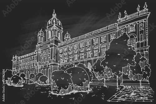 Vector sketch of Natural History Museum with park and sculptures in Vienna, Austria