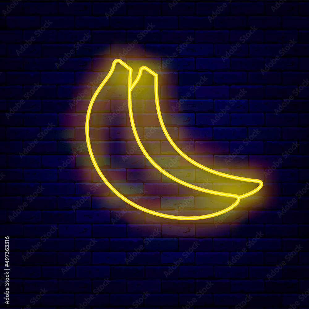 Banana neon icon. Summer concept. Sign for fruit shop. Season vacation. Night bright signboard. Vector illustration