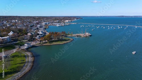 Wallpaper Mural Plymouth Bay and Plymouth Village Historic District aerial view, including Antique ship Mayflower, in town center of Plymouth, Massachusetts MA, USA.  Torontodigital.ca