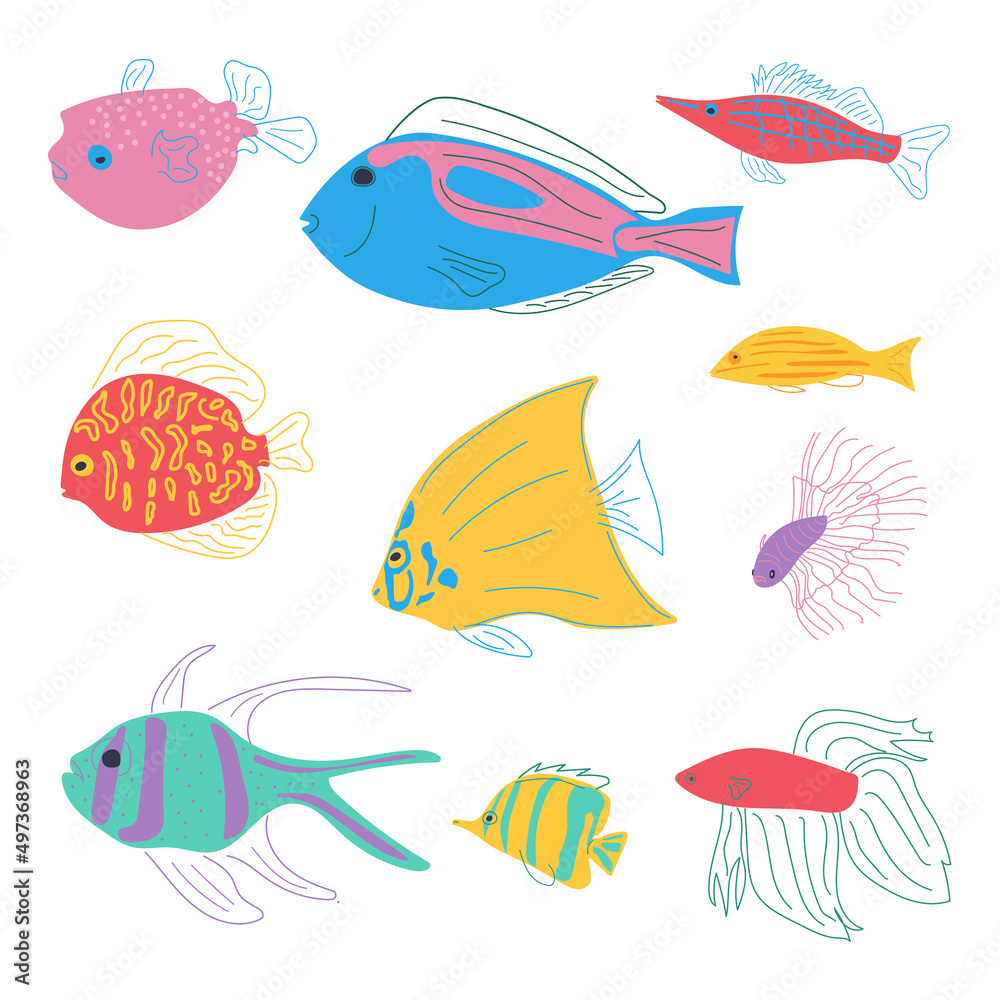 Naklejka premium A set of fish. Colorful cute aquarium and sea fish. Flat cartoon style.