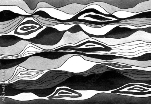 Abstract landscape ink hand drawn illustration. Black white ink winter landscape, mountains, river. Minimalistic hand drawn illustration background poster banner. Hand drawn watercolor black lines.