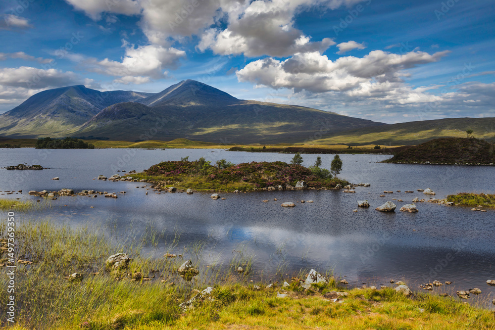 The lakes of Lochan na h-Achlaise on the vast peat bogs of Rannoch Moor in the remote West Highlands of Scotland.