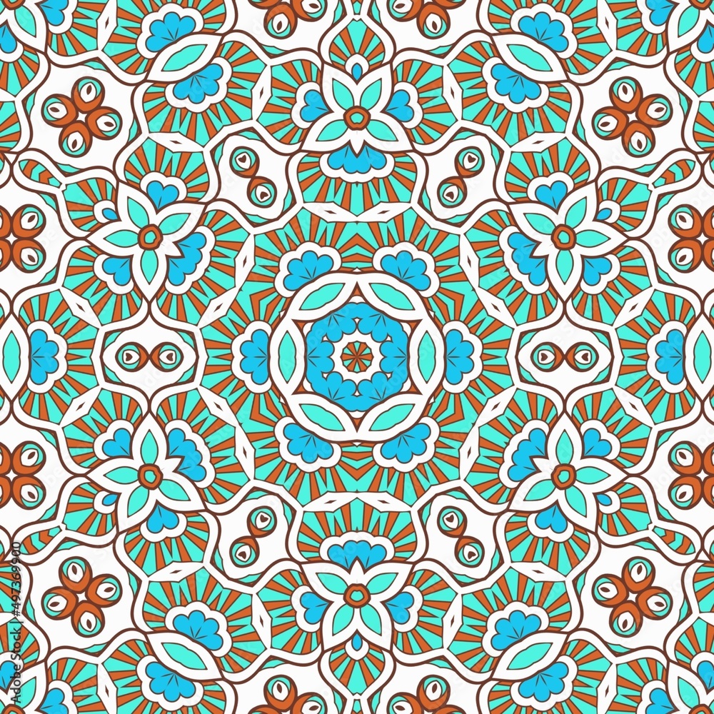 Abstract Pattern Mandala Flowers Art Colorful Blue Turquoise Brown 79