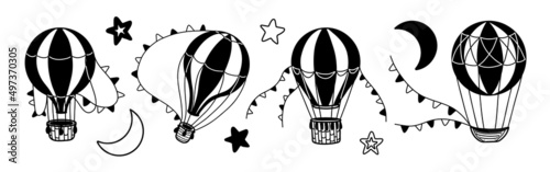 Hot Air Balloons vector set. Illustration with vintage aircrafts. Collection of silhouette drawings. Stars and crescent