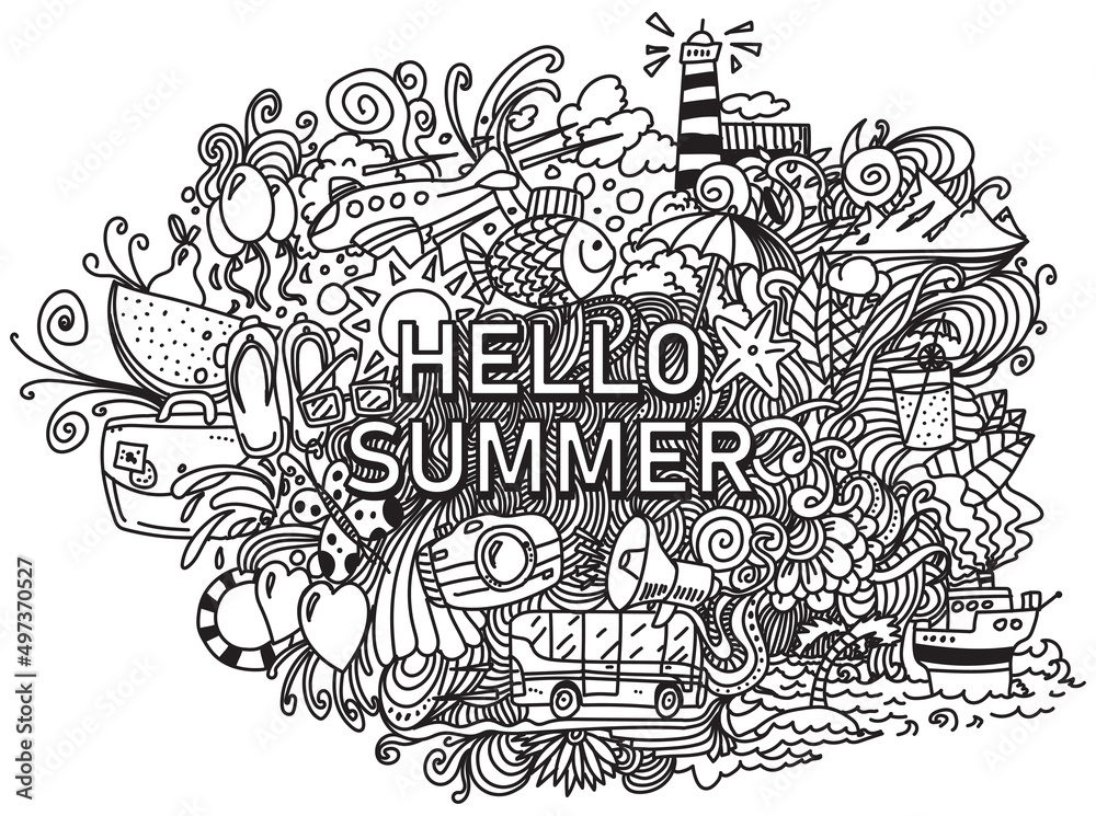 Hand drawn hello summer doodles vector set on white paper