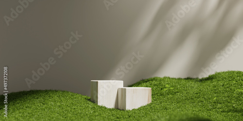 Fototapeta Naklejka Na Ścianę i Meble -  3D display podium beige background with natural green grass and sun shadow. Nature minimal wood pedestal, beauty, cosmetic product presentation. Spring, summer landscape banner template 3d render.
