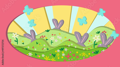 Vector application for Easter. Rabbits hide in the grass, with flowers, butterflies. Children's style.