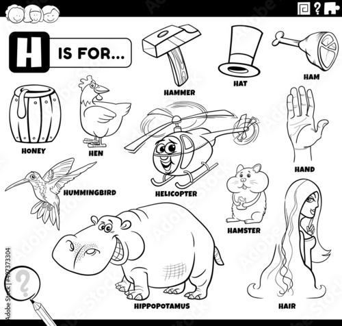 letter h words educational set coloring book page