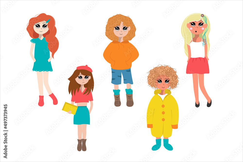 Teenage girls cartoon set. Women's cute images in different clothes. Different emotions