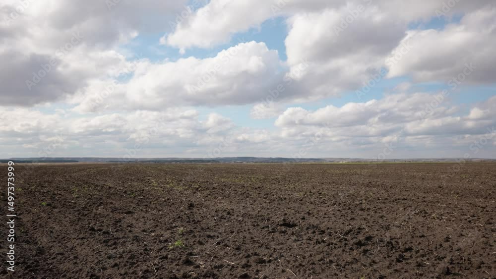 Agricultural landscape arable field. business agriculture concept. walk on brown black sky soil arable a land. preparation for sowing crops in agriculture landscape motion steadicam. farming field