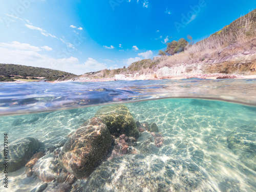 Split underwater view of La Speranza seabed