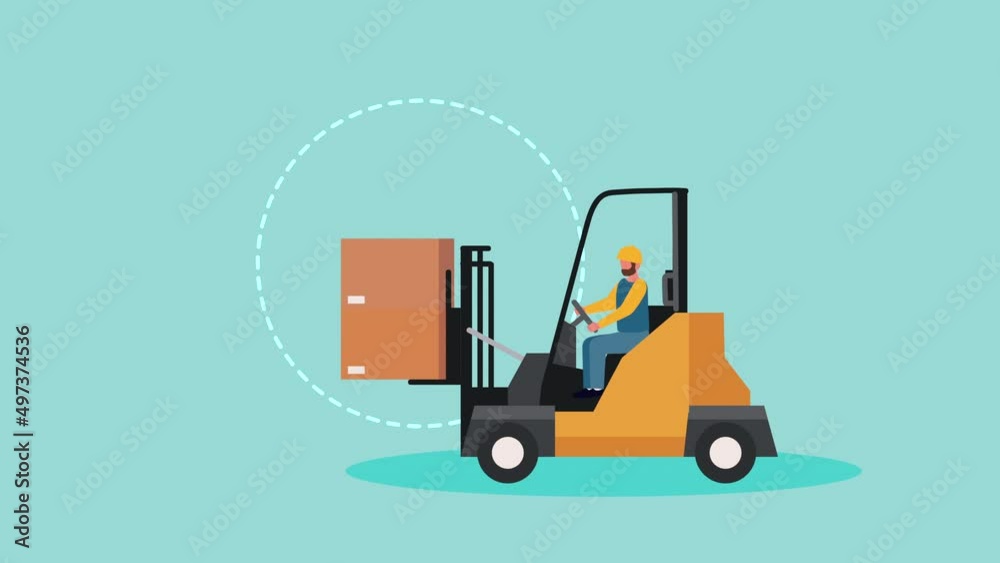 logistic service worker driving forklift with boxes logistic service worker driving forklift with boxes