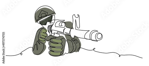 Soldier aiming with a rifle vector illustration. Sniper with a weapon in hands. Military man with gun. One continuous line art drawing background, banner, poster of soldier