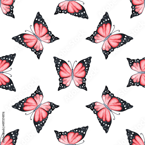 watercolor red butterflies seamless pattern on white