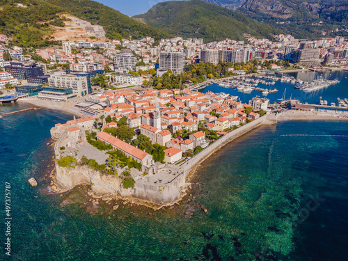 Old town in Budva in a beautiful summer day  Montenegro. Aerial image. Top view