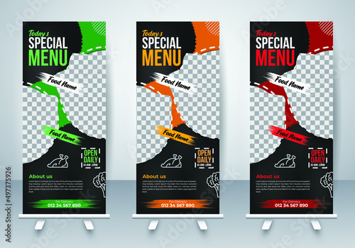 Food roll up banner for your restaurant or hotel. food hub roll up banner. infographics Vertical trend x banner display stand, vector layout, rectangle size, leaflet template design