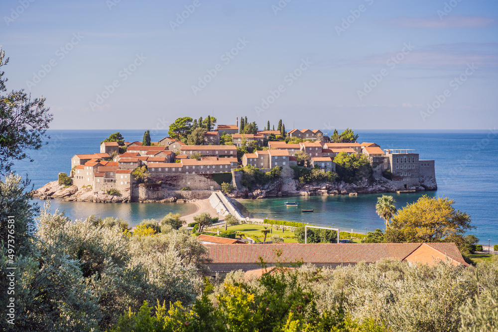 Beautiful view of the island of St. Stephen, Sveti Stefan on the Budva Riviera, Budva, Montenegro