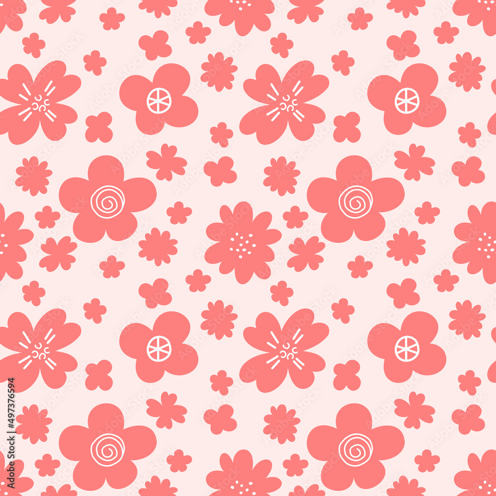 Seamless pattern with red flowers on a light red background. Bright floral print. Texture for fashionable fabric, wrapping paper.