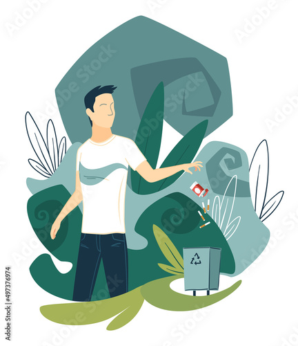 Quitting smoking and bad habits, male character throwing pack of cigarettes in trash. Stop addiction and overcoming nicotine. Healthy lifestyle