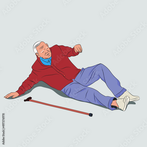 Adult slips on wet floor, vector veteran on the floor.