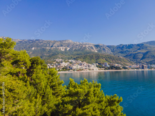 Aerophotography. View from flying drone. Panoramic cityscape of Budva  Montenegro. Top View. Beautiful destinations