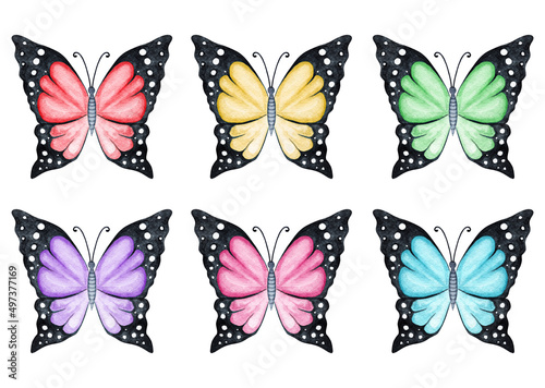 Watercolor colored butterflies set isolated on white