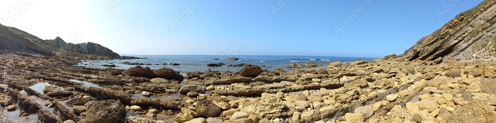 Panorama of the rocky coast of Cantabria,  Spain 