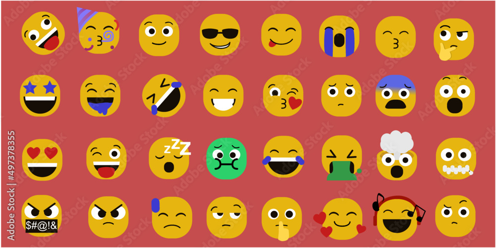 Set of 31 simple designer smiley faces, thirty-one smiley faces with varied emotions. Smiles, sadness, anger, surprise, happiness, sleep, among other types of emotions, and with a light red background Set of 31 simple designer smiley faces, thirty-one smiley faces with varied emotions. Smiles, sadness, anger, surprise, happiness, sleep, among other types of emotions, and with a light red background