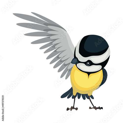 Tit bird in standing position. Titmouse in cartoon flat style beautiful character. Vector illustration isolated on white background