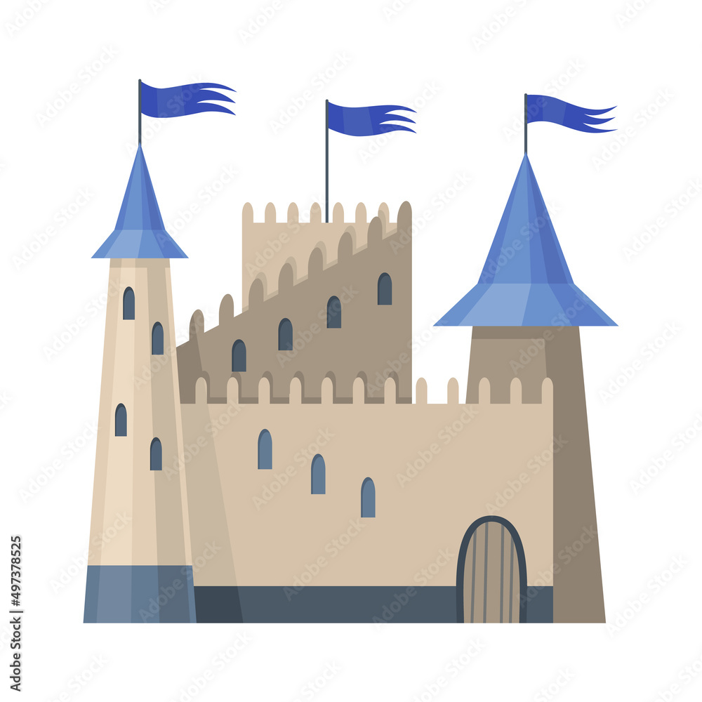 Medieval kingdom castle or royal fortress. Fairy-tale buildind of middle ages historic period. Vector building exterior design
