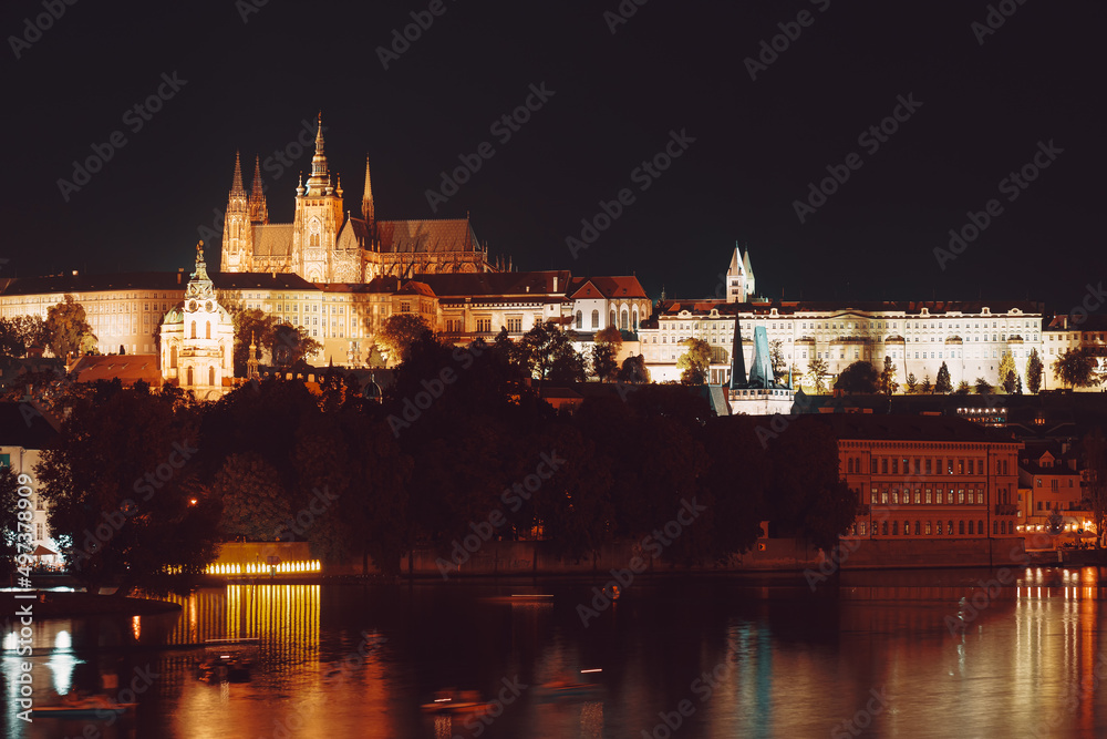 Prague castle at night, view from across Vltava