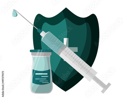 Vector items for vaccination against covid-19, coronavirus vaccines, vaccine development. Syringe, injection, medicines, vitamins, protective shield with a cross. Use advertising, banner, poster.