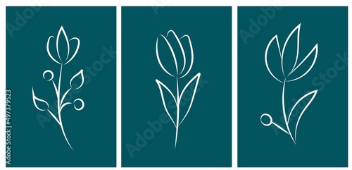 Vector linear abstract poster. Wallpaper in a minimalist style for spring and summer with botanical leaves, flowers, organic shapes. For poster, poster, background, postcard, website and packaging.