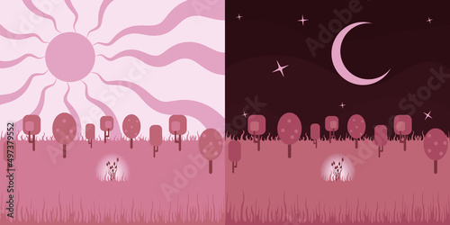 Abstract Vector Image Of The Glade With Grass And Mushrooms. SunShine, Sunlight, MoonLight. Day and Night