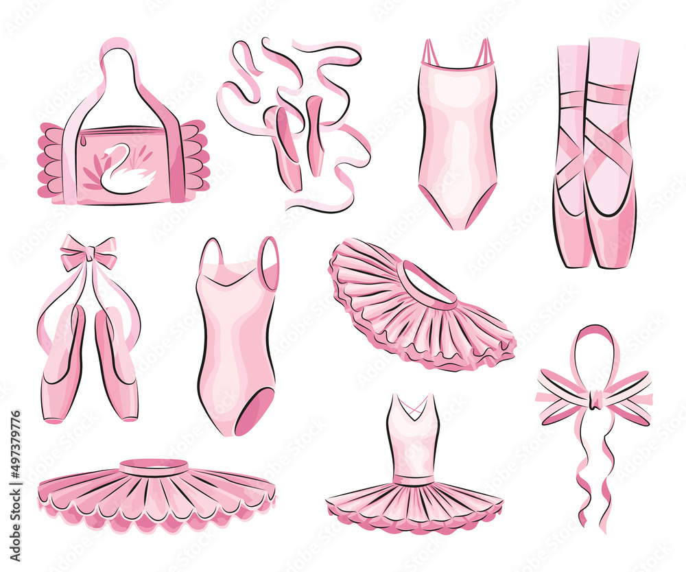 Ballet accessories with pink ballet dress, tutu skirt and pair of pointe-shoes, bow and long satin ribbons. Set of hand drawn ballerina accessories. Vector objects in sketch style - obrazy, fototapety, plakaty 
