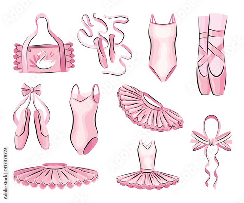 Ballet accessories with pink ballet dress, tutu skirt and pair of pointe-shoes, bow and long satin ribbons. Set of hand drawn ballerina accessories. Vector objects in sketch style photo
