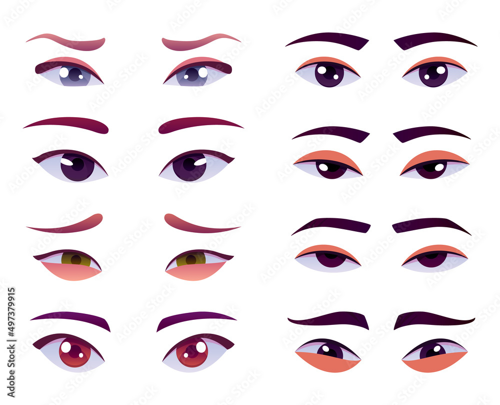 Face construction element, avatar creation with head parts. Vector cartoon set of eyes and eyebrows. Head parts pack for face generator isolated on white background Face construction element, avatar creation with head parts. Vector cartoon set of eyes and eyebrows. Head parts pack for face generator isolated on white background