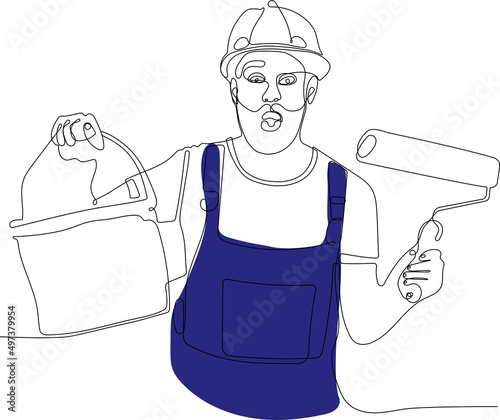 Continuous one line drawing of human hand holds paint brushes with paint can, floor painting, blank space for your text, banner, advertisement or your design minimal outline. Vector illustration