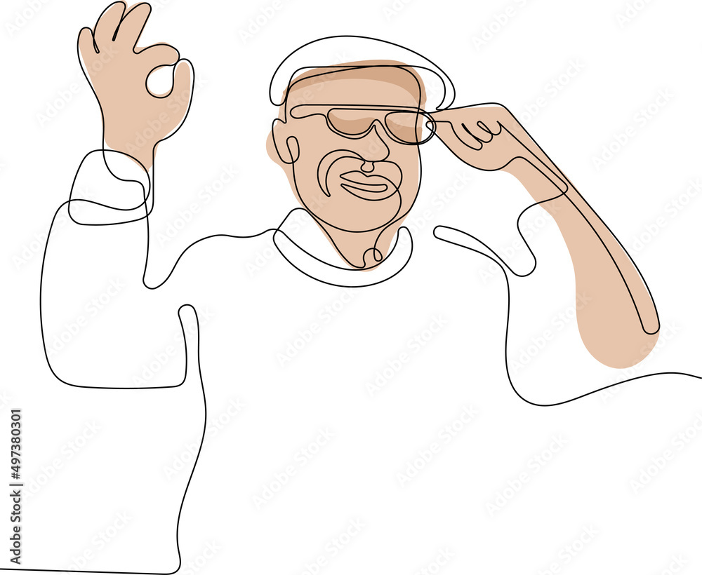 One continuous line is the concept. Vector illustration. Continuous line drawing of happy senior man with glasses and an eye examination test One continuous line is the concept. Vector illustration. Continuous line drawing of happy senior man with glasses and an eye examination test