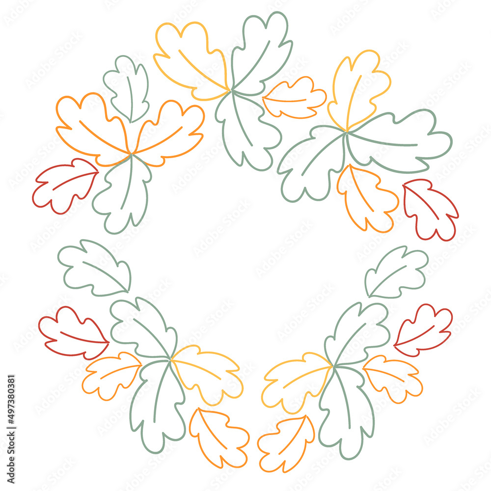 Round frame made of leaves of different colors in trendy shades. Outline drawing by hand. Lifestyle. Round frame made of leaves of different colors in trendy shades. Outline drawing by hand. Lifestyle.