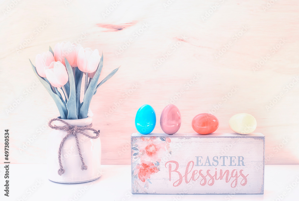 Easter background with wooden plaque with the inscription in English 