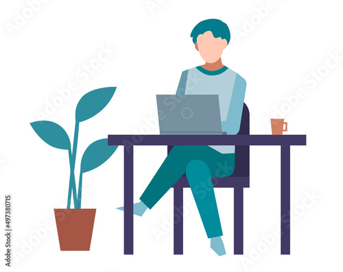 人物　デスクワーク　ラップトップ　在宅ワーク　フラットイラスト　男性