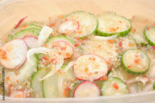 Cucumber Salad with Radishes and Onions Marinated in Italian Dressing for a Healthy Snack	